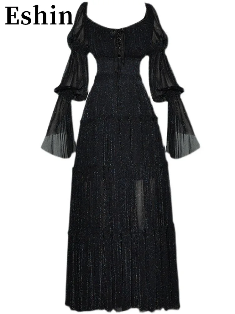 

Eshin 2023 Fashion Square Collar Women Summer Dresses Lantern Sleeve Black Bling Elastic Ruffles Long Party Holiday Dress TH4152