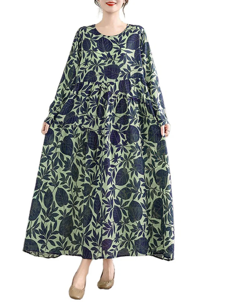 Cotton Long Sleeve Print Vintage Dresses Women Casual Loose Long Dress Office Lady Vestidos Elegant Clothing Spring Autumn 2025