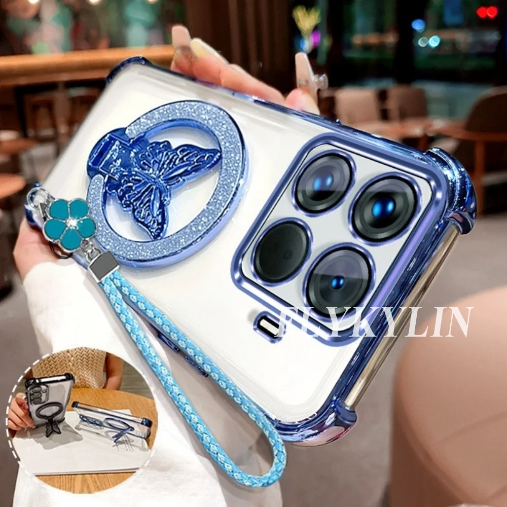 Transparent Soft Shell with Butterfly Bracket and Four Leaf Clover Hand Rope