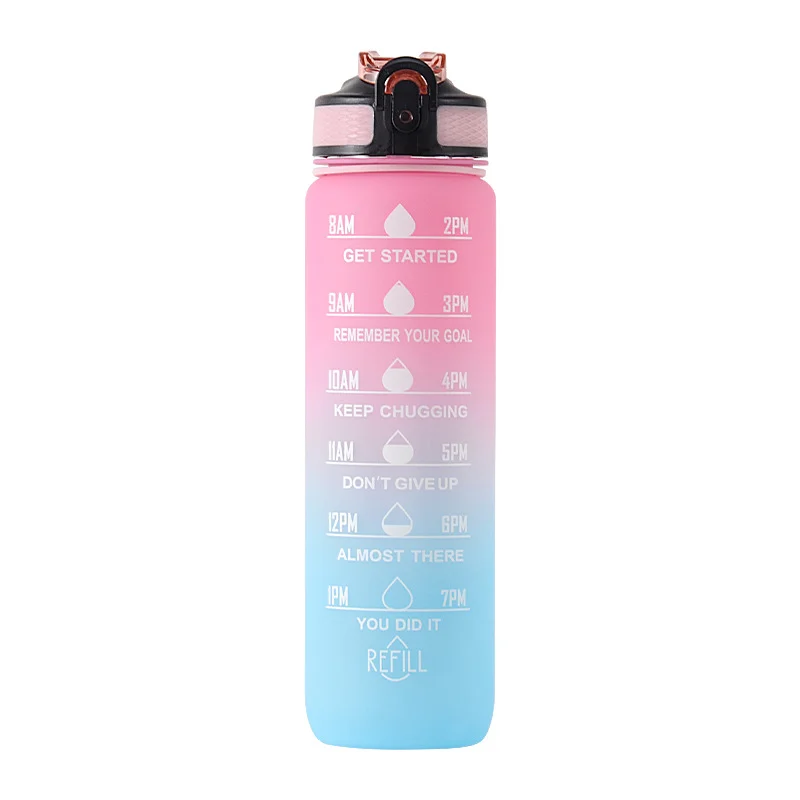 Water Bottle 1L with Straw Motivational Time Marker & Buckle Strap Leak-Proof Tritan BPA-Free Sports Water Bottle