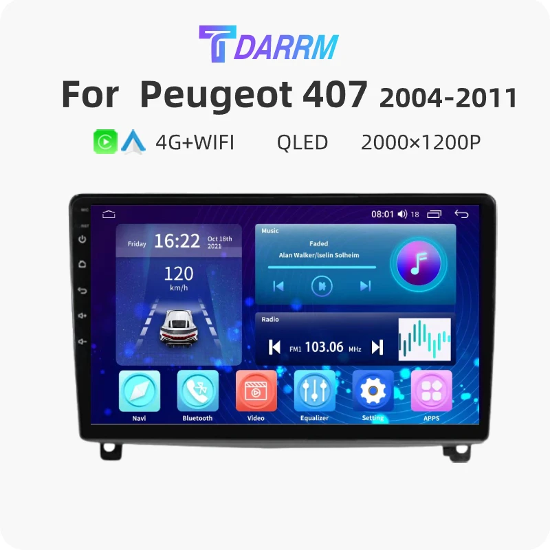 

2 Din Android 13 радио мультимедиа для Peugeot 407 2004-2011 беспроводной CarPlay Автомобильный плеер навигация GPS Авторадио 2K QLED