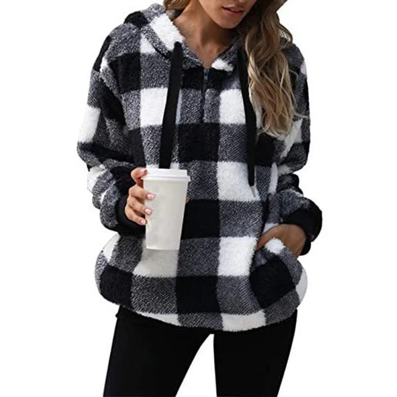 Women's plaid pullover hoodie plush thickened hoodie casual long sleeved drawstring loose sports belt pocket hoodie jacket