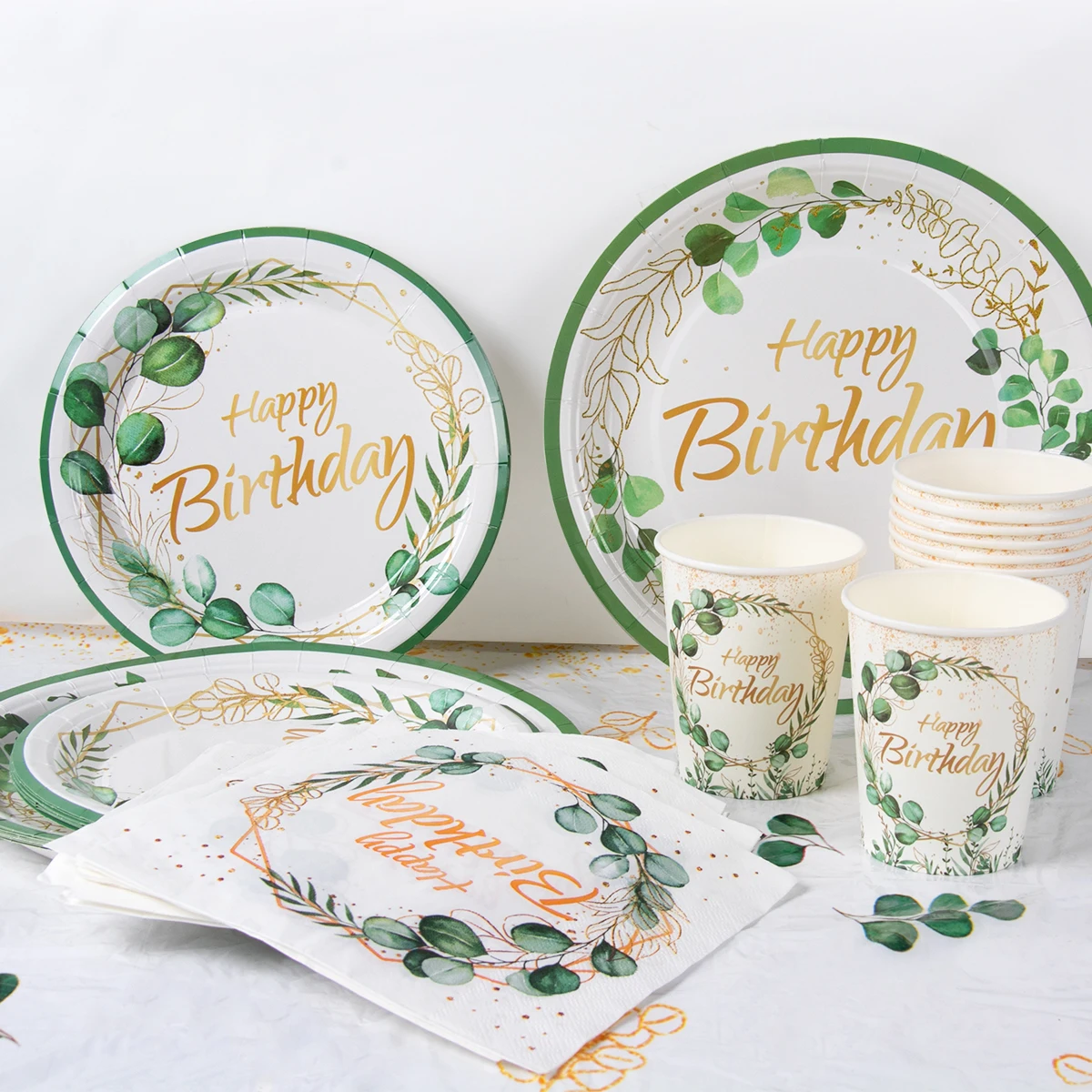 Alles Gute zum Geburtstag Party Geschirr grün Eukalyptus blatt Papp teller Tasse Servietten Banner Eukalyptus Geburtstag Themen Party Dekorationen – Detail 1
