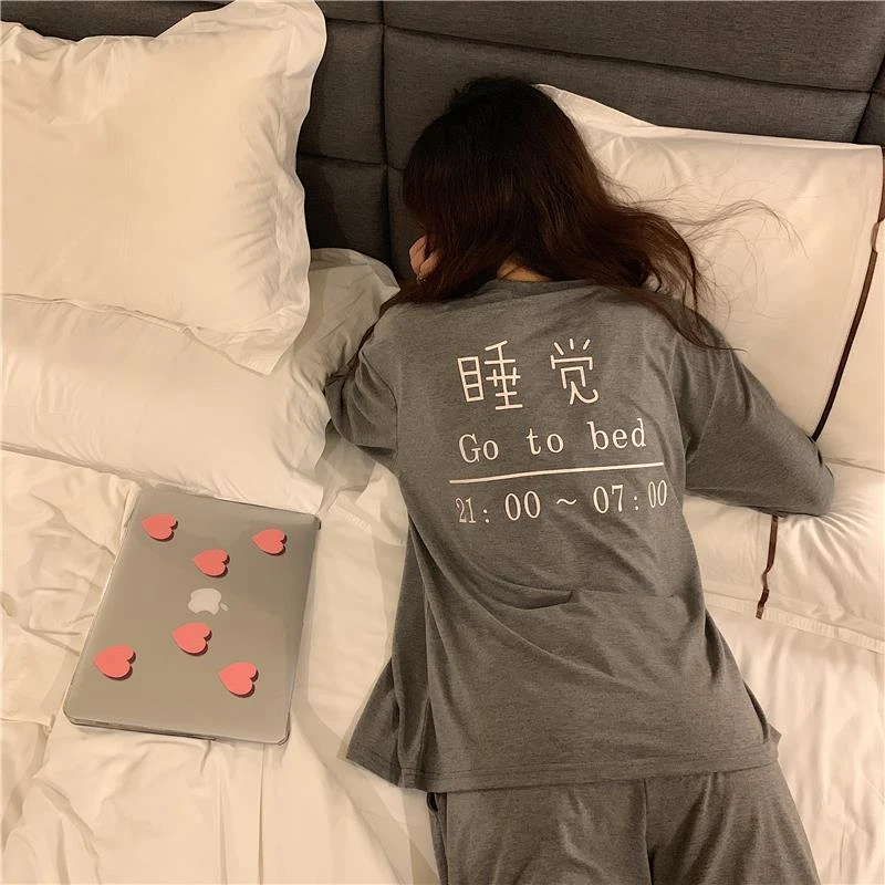 Long-sleeve suit women's sleeping letter pajamas spring and autumn leisure sweet beauty student home wear women's two-piece suit