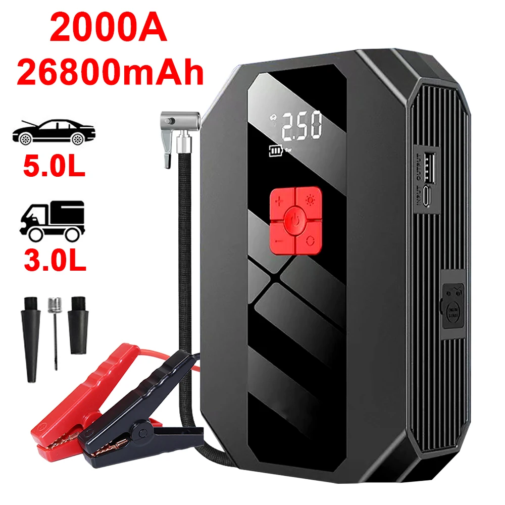4 In 1 Car Jump Starter Power Bank Air Compressor Inflator Pump 2000A Portable Power Station Car Battery Charger Booster