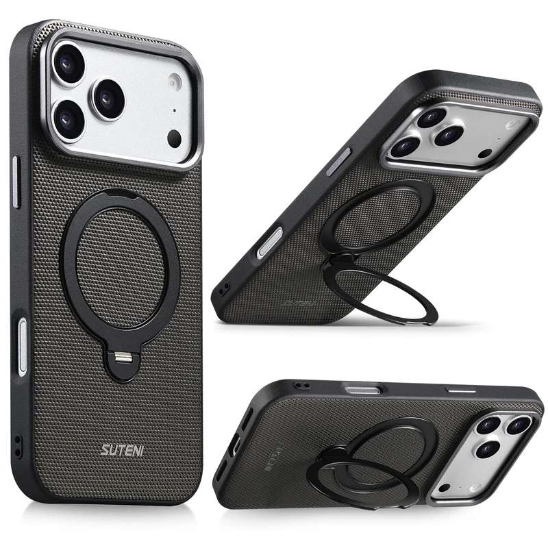 Luxury Business Triangle Texture Leather Phone Case with 360° Rotating Metal Ring Stand