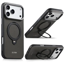 Luxury Business Triangle Texture Leather Phone Case with 360° Rotating Metal Ring Stand - iPhone 15 (Grey)