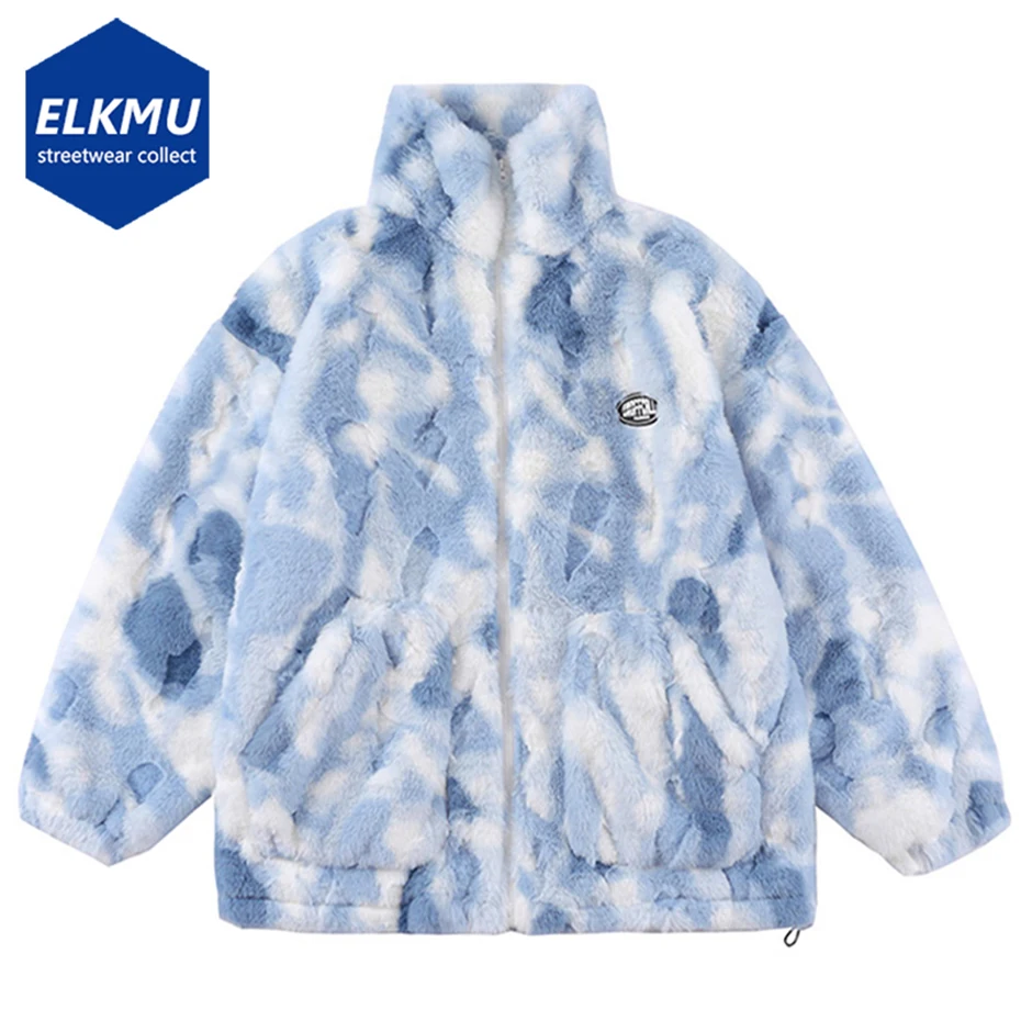 

Streetwear Winter Fluffly Jacket 2023 Men Tie Dye Fleece Fuzzy Zipper Coat Warm Padded Jackets Y2K Streetwear Oversized Jacket