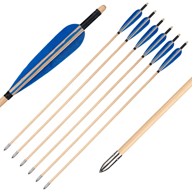 6 Frecce In Legno Con Piume Di Tacchino - Per Arco Ricurvo O Lungo, Lunghezza 80 Cm, Diametro 8mm, Senza Punta
