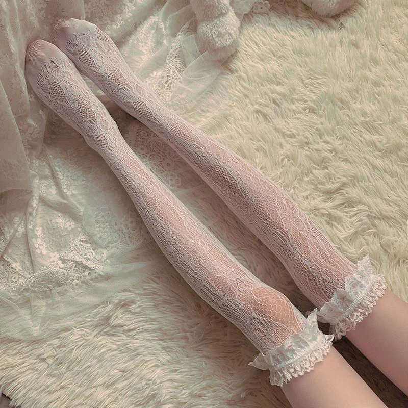 1 Pair Lolita Lace Stockings Women White Black Thigh Transparent Heart Over Knee Socks Female Jk Long Stocking Pantyhose