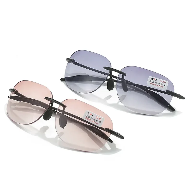 Fashionable Prescription Reading Eyeglasses Progressive Bifocal Sun Glasses for Middle-aged Frameless Presbyopia Glasses Diopter 6