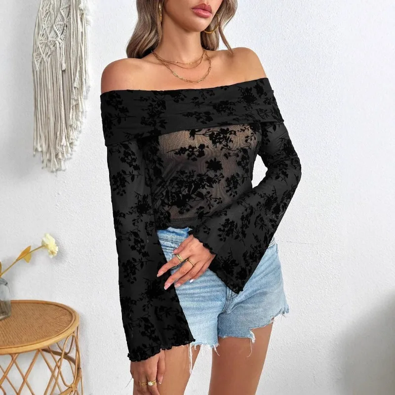 New Elegant Spring Summer Women's One-Neck Off Shoulder Long Sleeve Shirt Fashion Embroidery Print Translucent Casual  Blouse