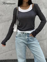 Hirsionsan Summer Casual Patchwork Skinny T-shirts Women Modal Soft Long Sleeve Tees 2025 New Cusual Female Aesthetic Tops - Image 3