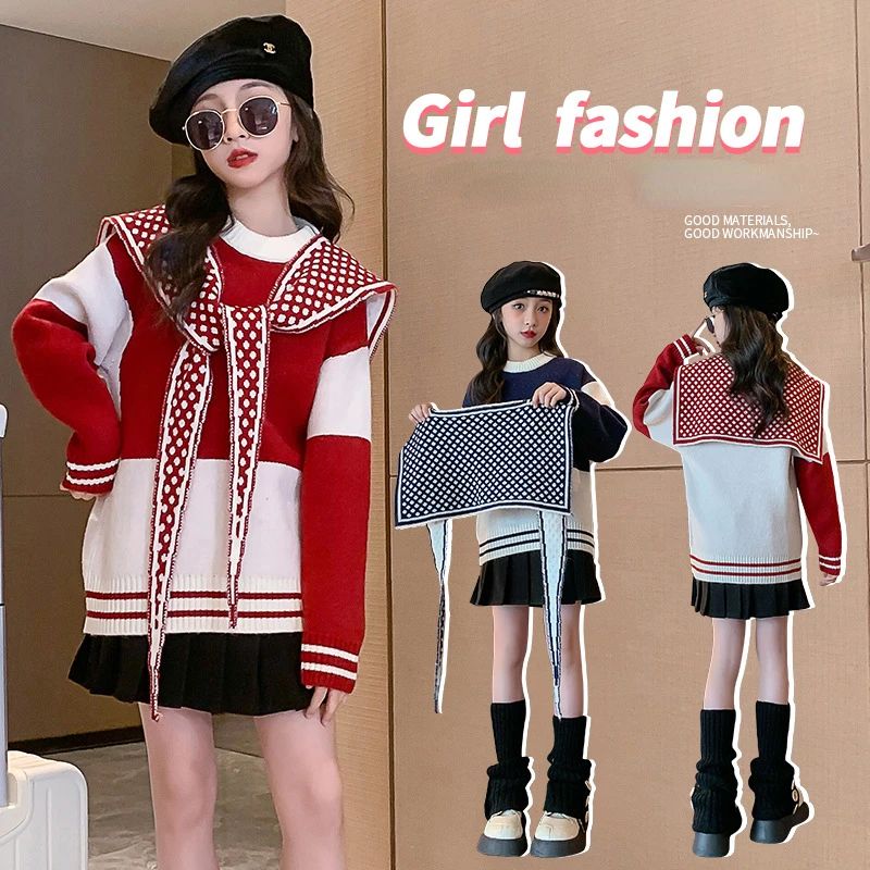 

Autumn New Girls College Style Knitwear Fashion Sweater for Teen Fashion Long Sleeve Soft Knitted Clothes Kids Sweater Outerwear