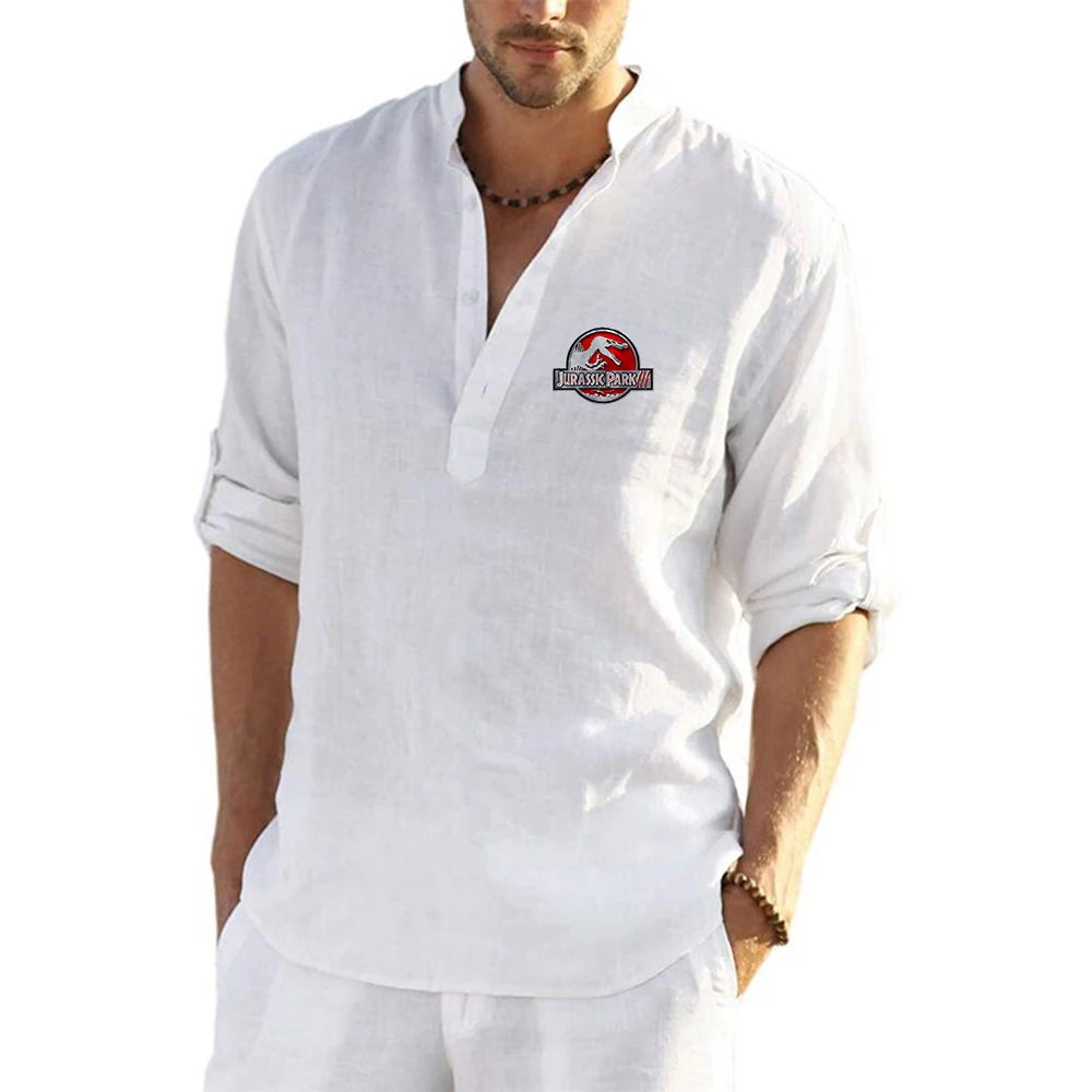Jurassic Park 2023 New Hot Spring and Summer Men Fashion Linen Loose Sweatshirt Comfortable Solid Color Long Sleeve Cotton Shirt