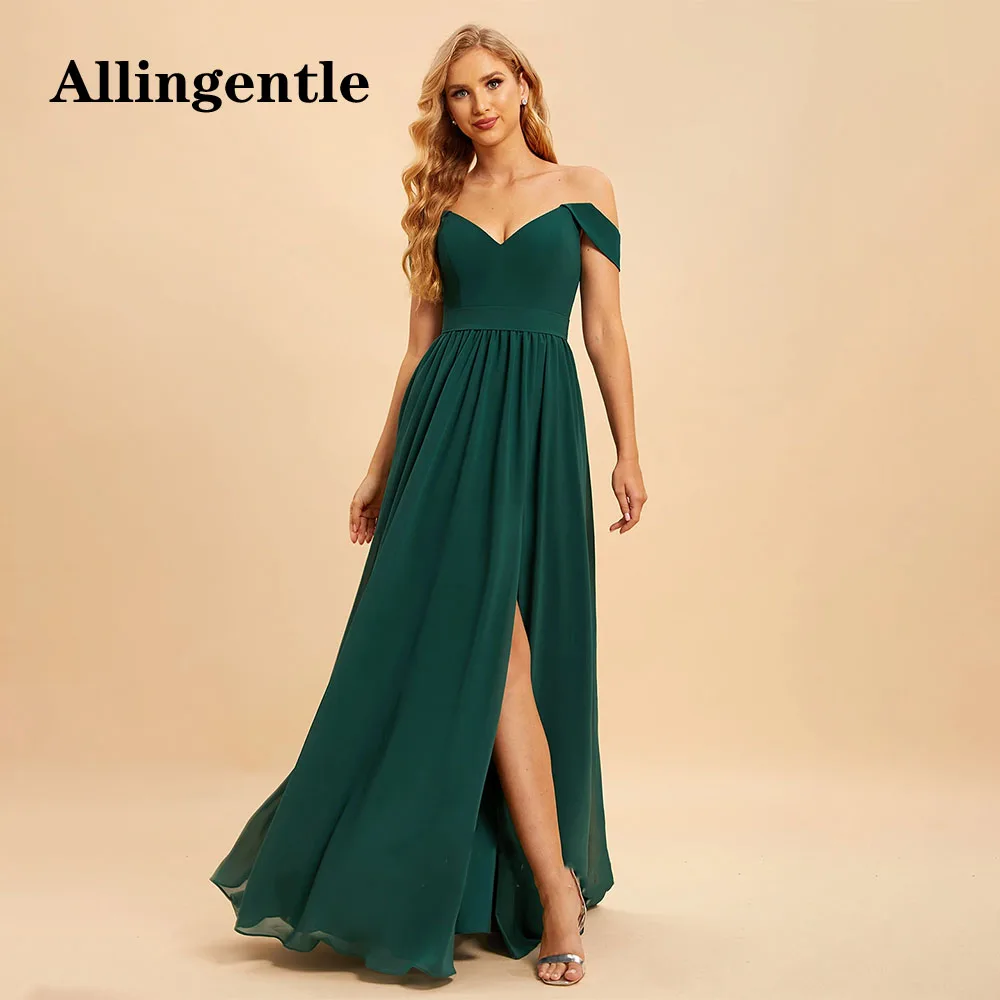 

Allingentle Sexy Off Shoulder Bridesmaid Dresses V-Neck A Line With Side Slit Formal Evening Gowns Chiffon Maid of Honor Dress