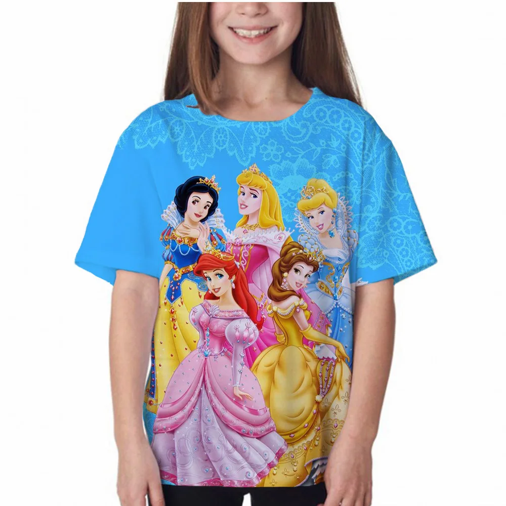 

Summer New Disney Princess Print Round Neck Short Sleeve Girls Birthday Party T-Shirt Casual Cartoon Cute Girl Tops
