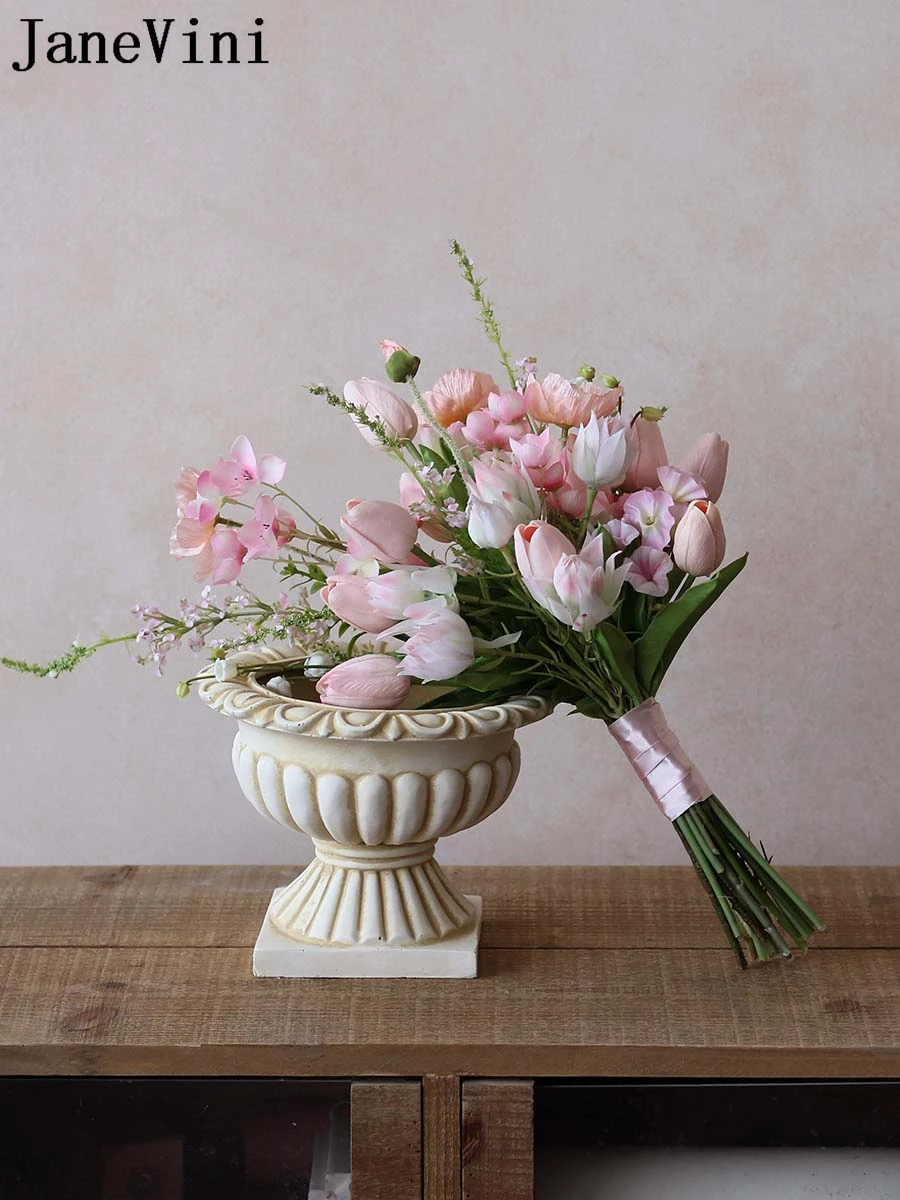 JaneVini Artificial Pink Tulip Wedding Bouquet Flower Buquet Vintage Real Touch Bride Flower Bridal Bouquet Artificielle Mariage