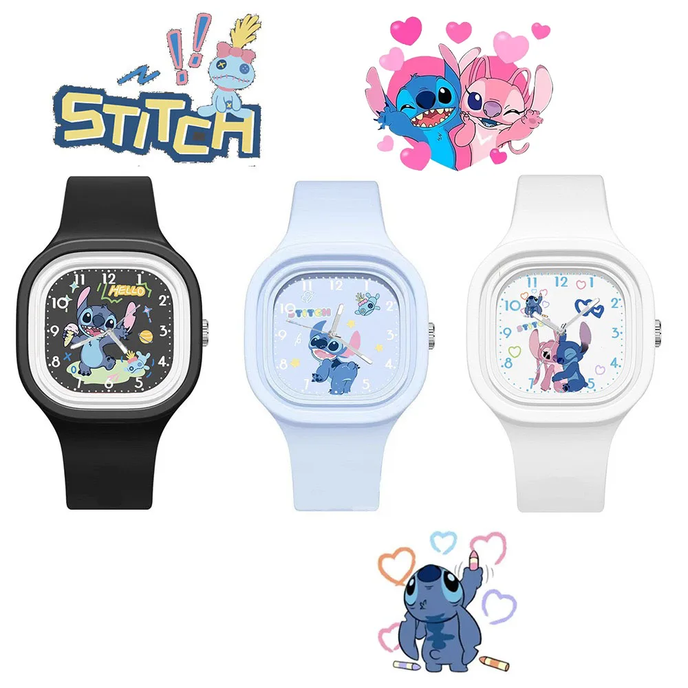 Montre pour enfants Disney Stitch Cartoon pour garçons et filles, bracelet carré en Silicone, montre-bracelet à Quartz, cadeau d'anniversaire