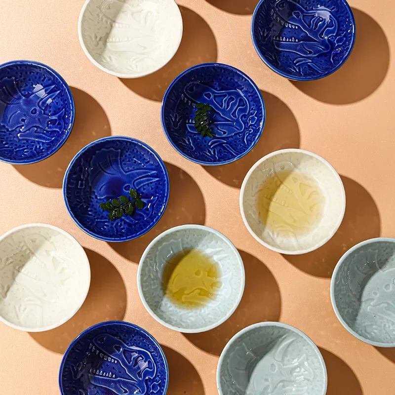 Ceramic Plate Retro Kiln Glaze Dinosaur Plate Barbecue Mini Dipping Dish Sashimi Sushi Soy Sauce Dishes Home Desktop Snack Plate