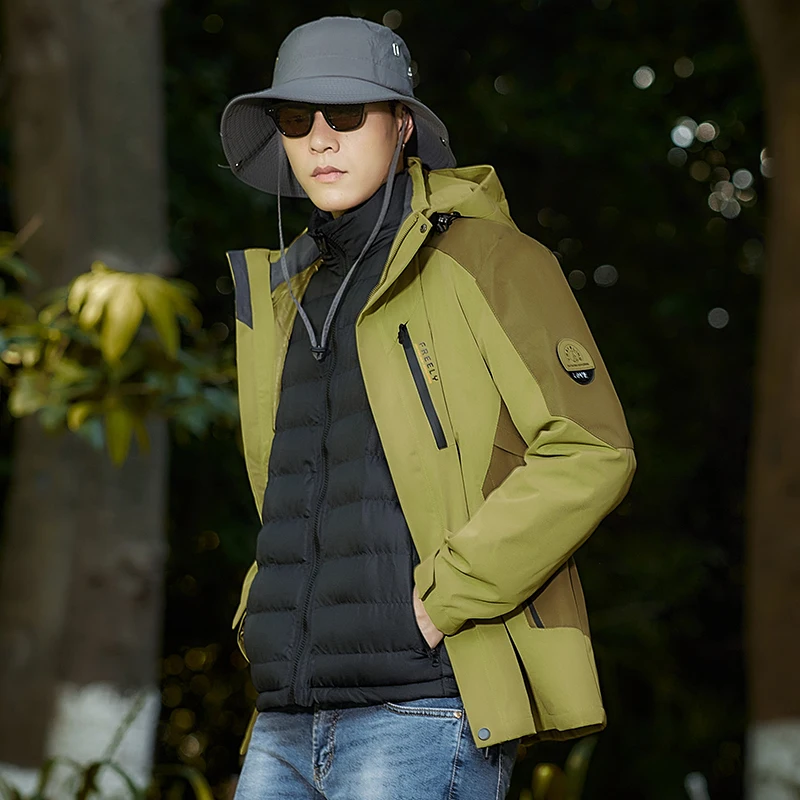 Hooded Patchwork Outdoor Down Jacket Men Winter Couple Two-Piece Detachable Goose Down Jacket Waterproof Mountaineering Coat