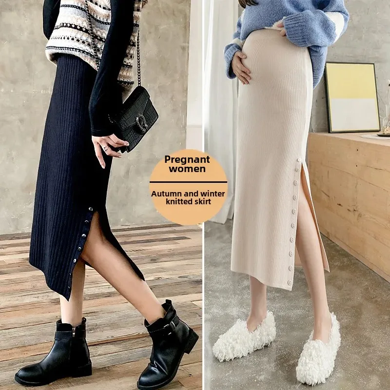 Fashionable Knitted Maternity Skirt Half-length Maternity Dress with Belly Support Winter Autumn Season Open Split Design