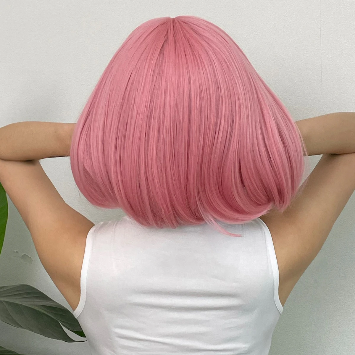Synthetic Wig Short Straight Bob Pink Natural Hair with Bangs for Women Cosplay Cute Heat Resistant Fiber