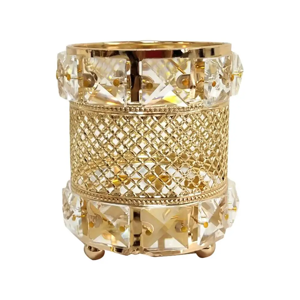 Crystal Gold-Plated Wrought Iron Makeup Brush Organizer Pen Holder Desktop Decorative Ornaments