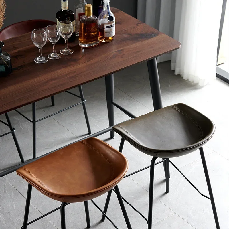 European Style Industrial Leather Art High Chair Bar Chair New Chinese Style Back Iron High Stool Front Desk Cashier 75cm