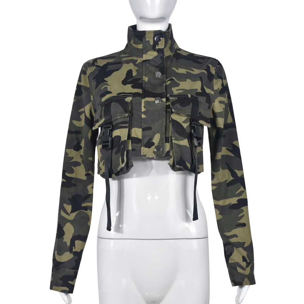 Camouflage Print Short Jacket Women Autumn 2023 Stand Collar Long Sleeve Single Breasted 3D Pocket Buckle Coat Trends Streetwear