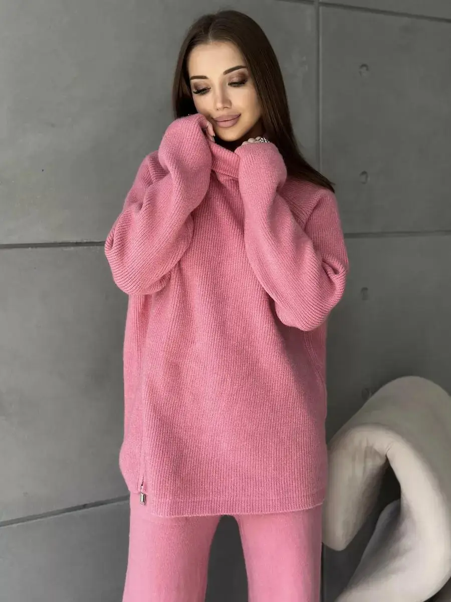 Knit Zipper Women's Pants Sets For Women Slim Lapel Long Sleeve Pullover And Patchwork Straight Legg 2 Piece-Set Winter