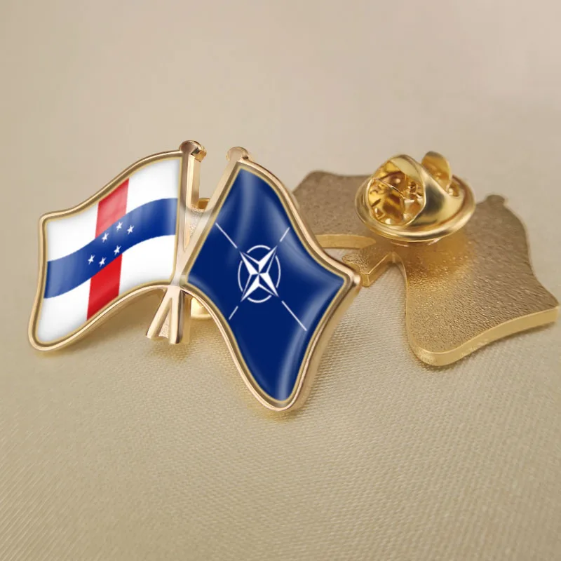 

Netherlands Antilles and NATO North Atlantic Treaty Organization Crossed Double Friendship Flags Lapel Pins Brooch Badges