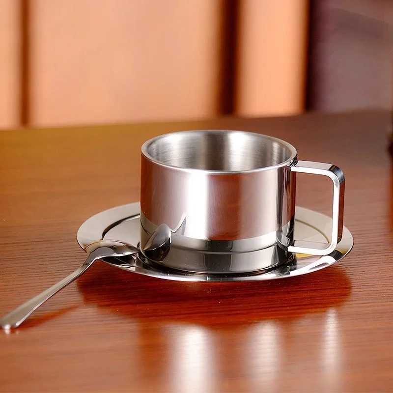 Stainless Steel Coffee Cup Set Double Walled Heat Resistant Mug with Saucer Spoon Drink Tableware Kitchen Cafe Accessories 1Set