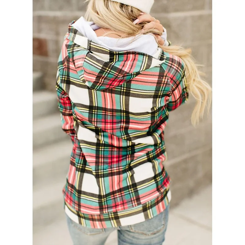 Women Long Sleeve Drawstring Hooded Pullover Plaid Print Turtleneck Hoodies Sweatshirt Autumn Winter Zip Patchwork Casual Jumper