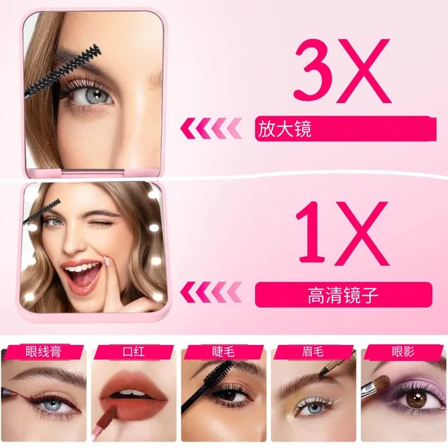 Mini Compact Led Makeup Mirror With Light 3X Magnifying Small Pocket Portable Travel Pink Black Foldable Cosmetic Vanity Mirrors