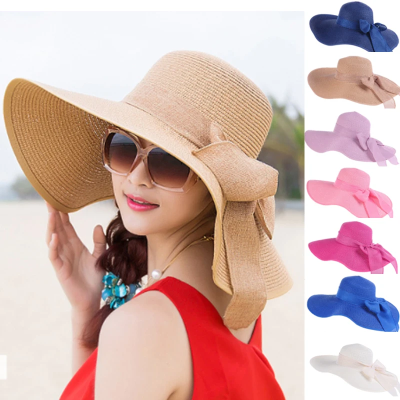 

Summer Large Brim Sun Hat for Women Holiday Seaside Wide-brim Foldable Straw Hat Beach Hats Bow Decorative Visor Caps