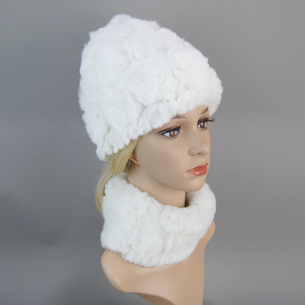 Fashion Girl Fur Cap Lady Winter Natural Real Rex Rabbit Fur Hat Scarf Suit High Quality Women 100% Genuine Hat