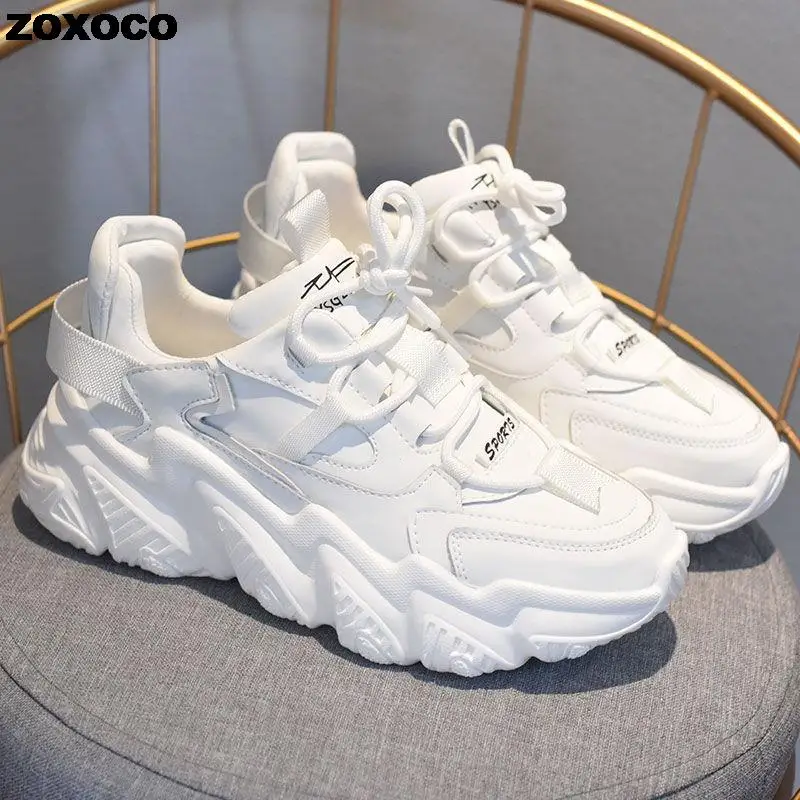 

2022 White Women Shoes New Chunky Sneakers for Women Lace-Up White Vulcanize Shoes Casual Fashion Dad Shoes Platform Sneakers