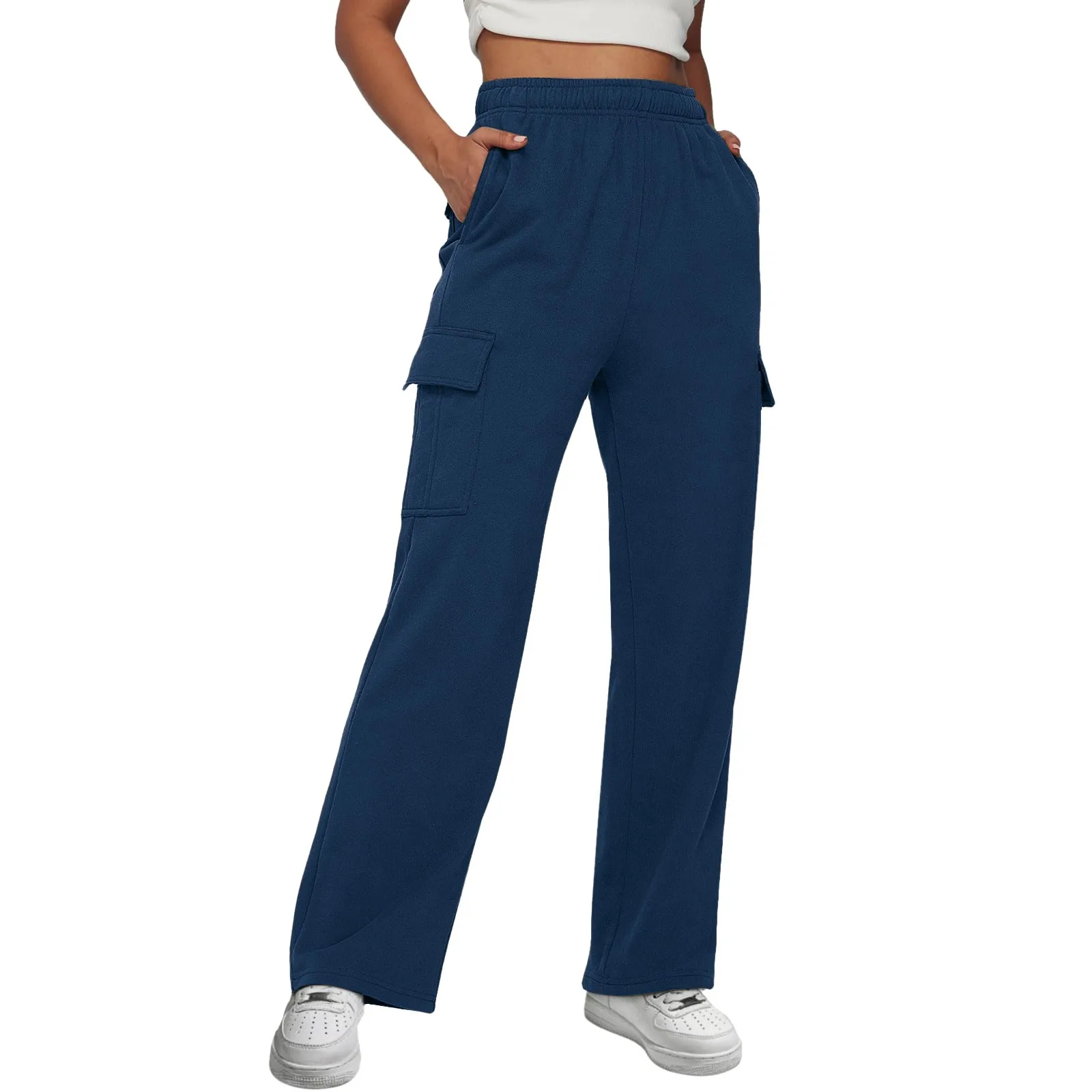 Women's Daily Outdoor Elastic Waist Multiple Pockets Casual Trousers Solid Color Fashionable Straight Leg Cargo Pants For Women