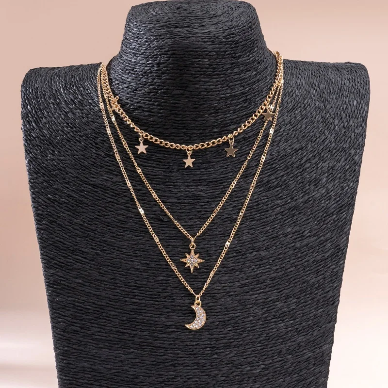 Glamour Necklace 2025 Fashion New Simple Temperament Eight Mans Star Crescent Pentagram Ms. Three-layer Necklace Gift 1