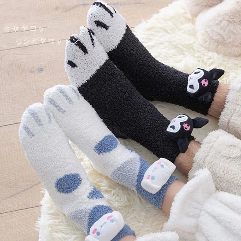

New Kawaii Cinnamoroll Hello Kitty Kuromi Sanrio Warm Cute Anime Anti-Odour Sweat Coral Fleece Floor Socks Kids Toys Funny Gifts