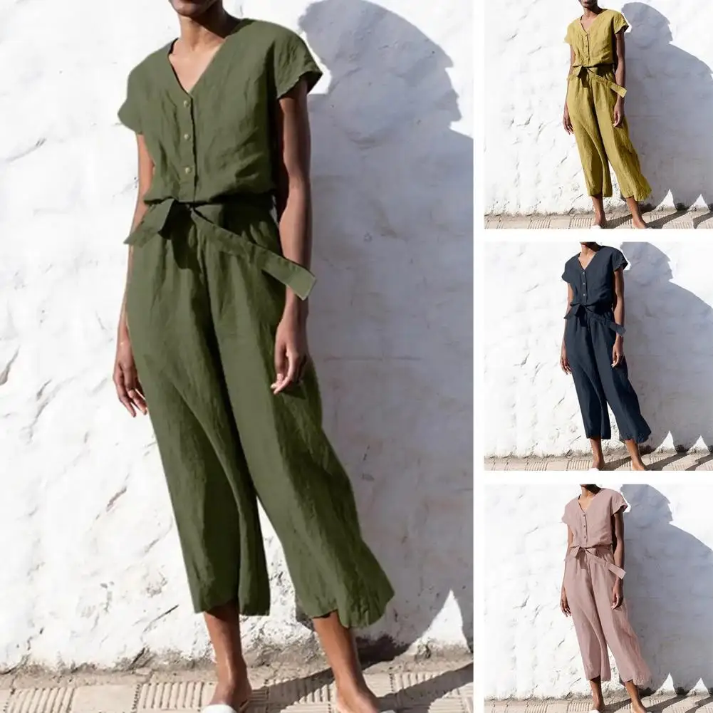 

Buttons Half Placket Jumpsuit Stylish Summer V-neck Jumpsuit Chic Half Placket Design Wide Leg Silhouette Belted Waist for Women