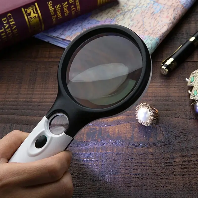 Magnifying Glass Handheld Double Lens 3x-45x Magnifier 3 Lights Jewelry Appraisal Reading Elderly 6902