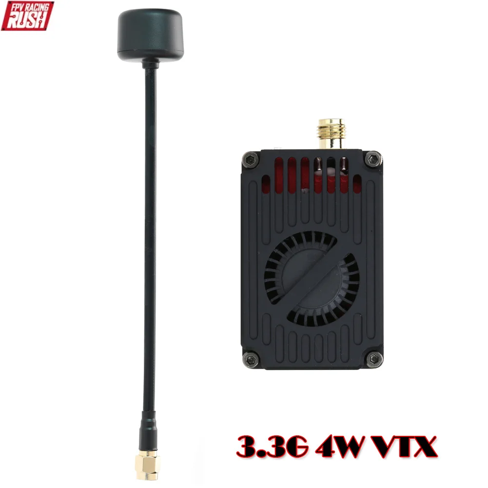 Kit émetteur vidéo 3.3GHz 4W et récepteur pour FPV longue portée, montrant les antennes et câbles fournis.