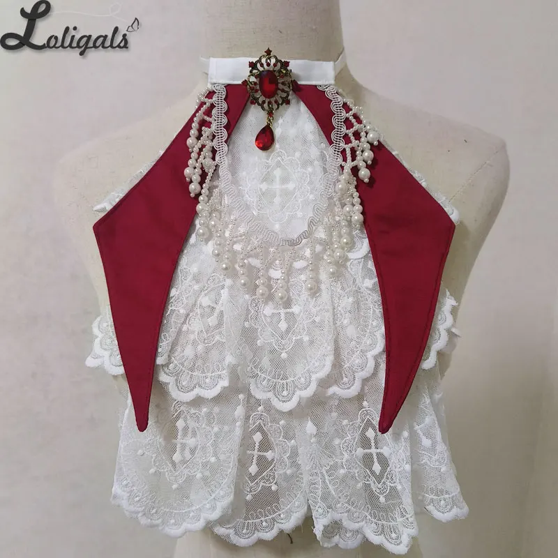 Black Lolita Gothic Jabot Necktie Gothic Beaded Tassel Multi-Layer Lace Detachable Costume Collar