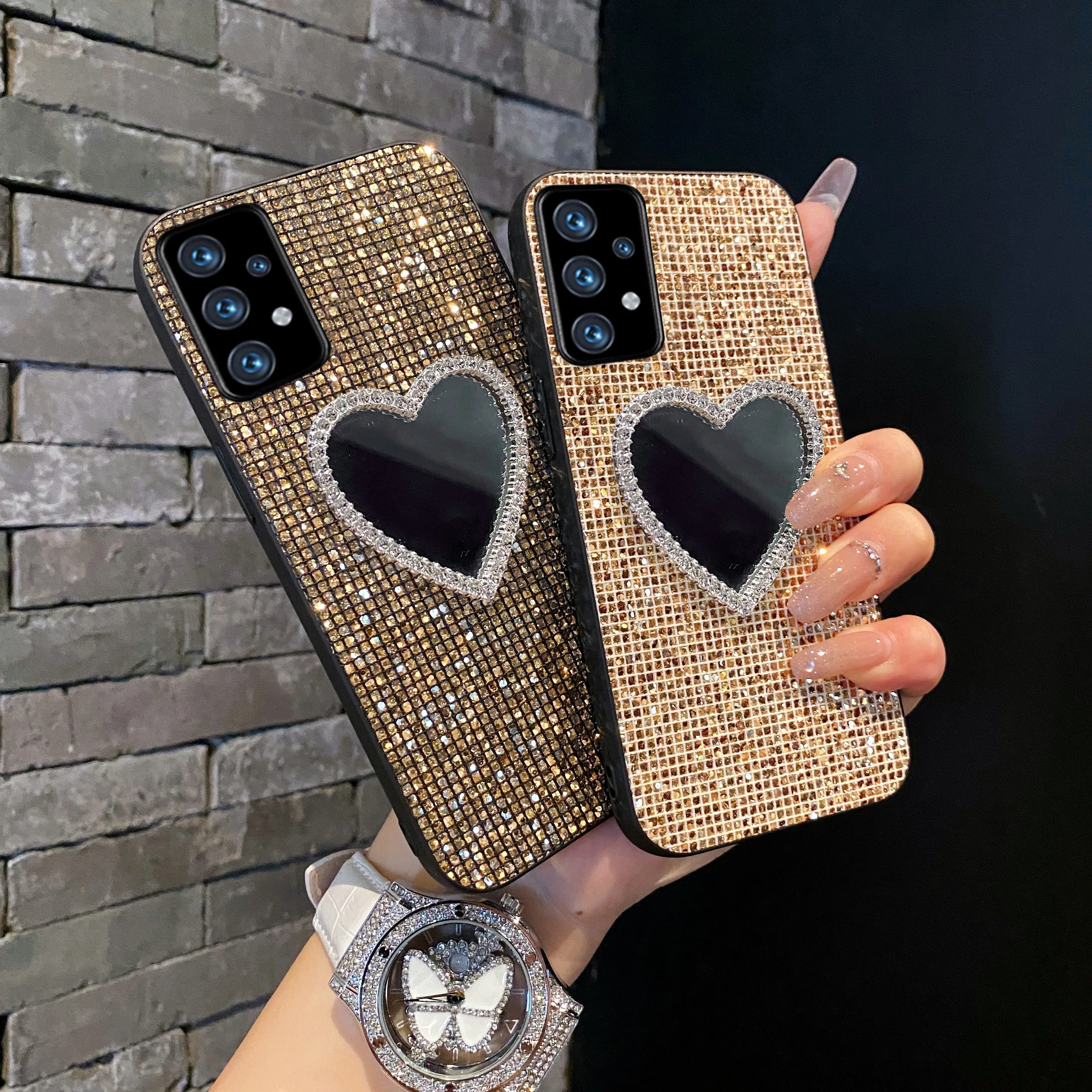 Shiny Gold Grid Pattern Phone Case with Glitter Mirror Shell
