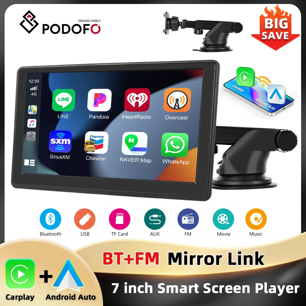 Podofo 7'' Lecteur d'écran intelligent pour tableau de bord, Carplay, Android Auto, Bluetooth, EQ, DVR, Mirror Link, Transmission FM, Navigation GPS 1 Podofo 7'' Lecteur d'écran intelligent pour tableau de bord, Carplay, Android Auto, Bluetooth, EQ, DVR, Mirror Link, Transmission FM, Navigation GPS 1