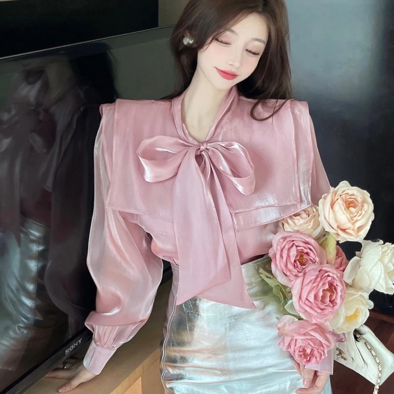 Blusas elegantes de gasa para mujer, Top informal a moda, rosa de manga larga pajarita, ropa para mujer 2022| | - AliExpress