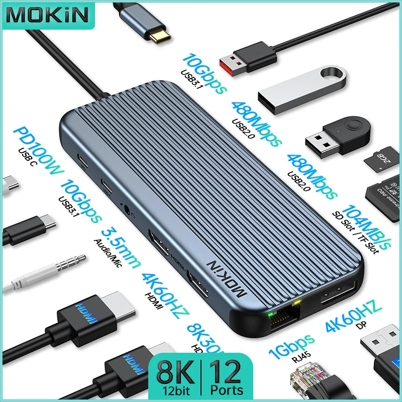 

Док-станция MOKiN 12 в 1 для MacBook Air/Pro, iPad, ноутбука Thunderbolt — USB2.0, USB3.1, Type-C 3.1, HDMI 4K60 Гц, PD 100 Вт