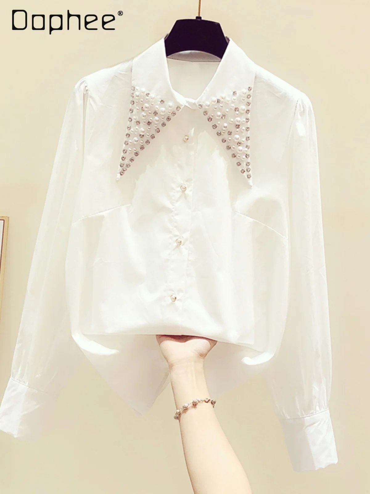 Office Lady Beads Rhinestones White Shirt Spring Autumn New Korean Style Casual Temperament Pure Color Long Sleeve Shirt Women swedoft pure lady 30